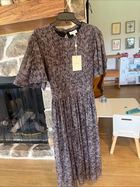 BOHME Lavender-Gray Smocked Floral Midi Dress